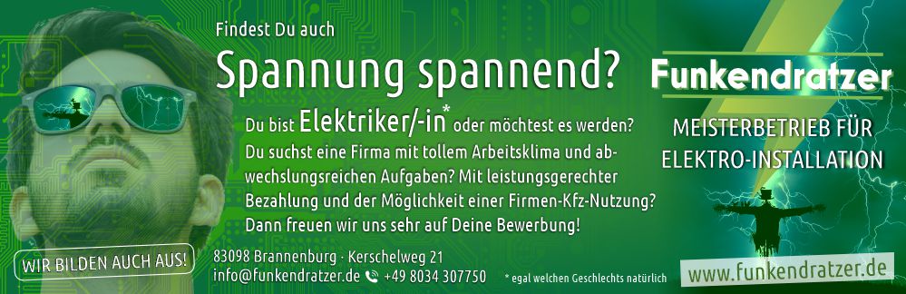 Findest Du auch Spannung spannend? Du bist Elektriker/-in oder möchtest es werden? Dann freuen wir uns sehr auf Deine Bewerbung! info@funkendratzer.de – +49 8034 307750