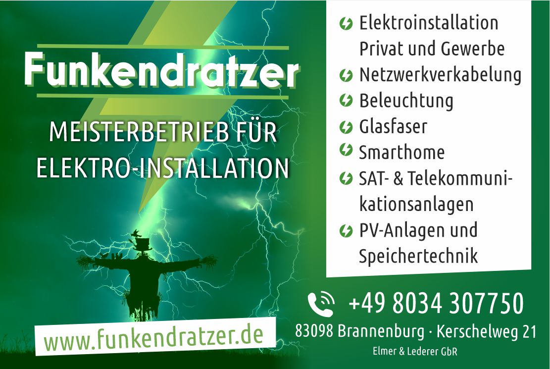 Funkendratzer – Meisterbetrieb für Elektro-Installation: Elektroinstallation Privat und Gewerbe, Netzwerkverkabelung, Beleuchtung, Glasfaser, Smarthome, SAT- & Telekommunikationsanlagen, PV-Anlagen und Speichertechnik – Telefon +49 8034 307750
